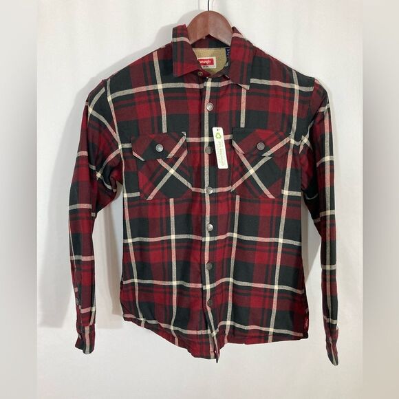 Wrangler Shacket Men’s S Red Black Plaid Sherpa Lined Flannel Jacket - Picture 2 of 12